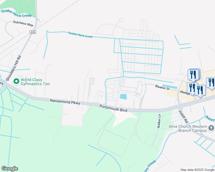 map of restaurants, bars, coffee shops, grocery stores, and more near 5127 Delancey Street in Chesapeake