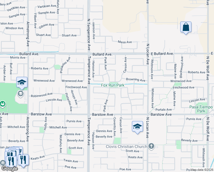 map of restaurants, bars, coffee shops, grocery stores, and more near 2691 Wrenwood Avenue in Clovis