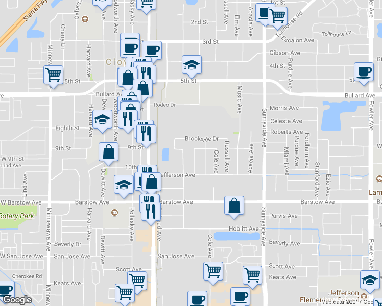 map of restaurants, bars, coffee shops, grocery stores, and more near 914 Rosebrook Drive in Clovis