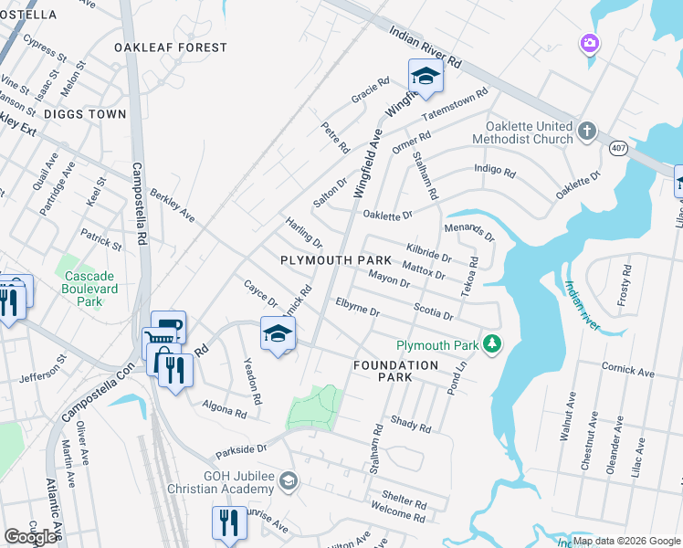 map of restaurants, bars, coffee shops, grocery stores, and more near 1502 Wingfield Avenue in Chesapeake