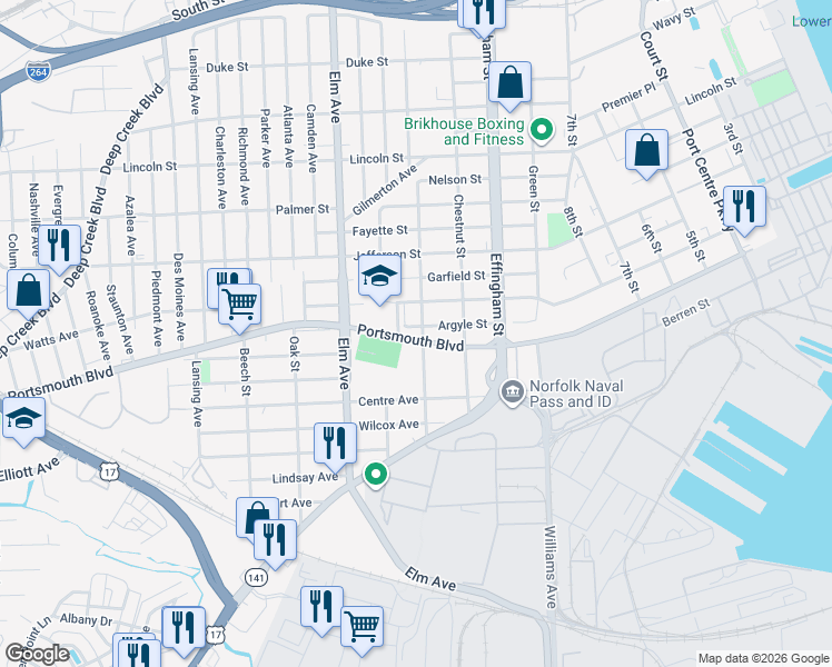 map of restaurants, bars, coffee shops, grocery stores, and more near 2608 Peach Street in Portsmouth