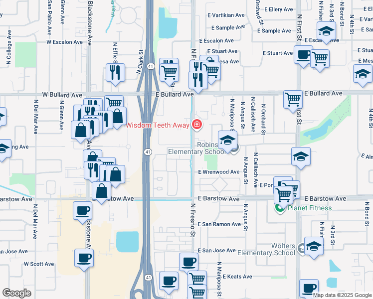 map of restaurants, bars, coffee shops, grocery stores, and more near 5565 North Fresno Street in Fresno