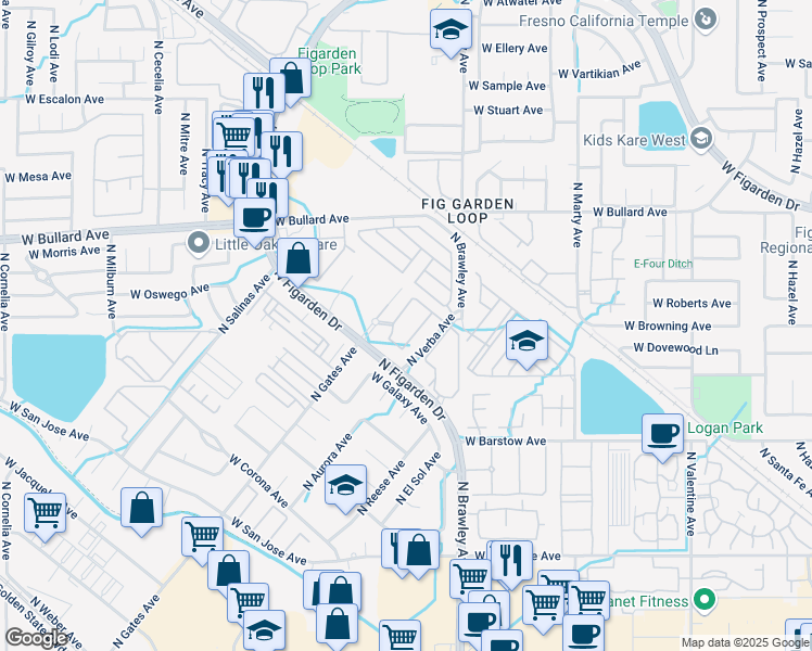 map of restaurants, bars, coffee shops, grocery stores, and more near 5610 North Gates Avenue in Fresno