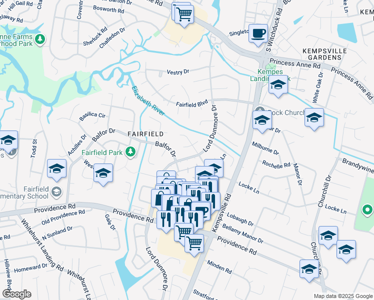 map of restaurants, bars, coffee shops, grocery stores, and more near 654 West Fox Grove Court in Virginia Beach
