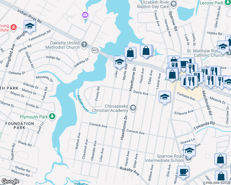 map of restaurants, bars, coffee shops, grocery stores, and more near 1205 Myrtle Avenue in Chesapeake