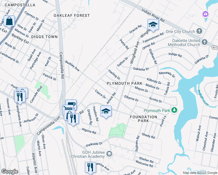map of restaurants, bars, coffee shops, grocery stores, and more near 2607 Berkley Avenue in Chesapeake