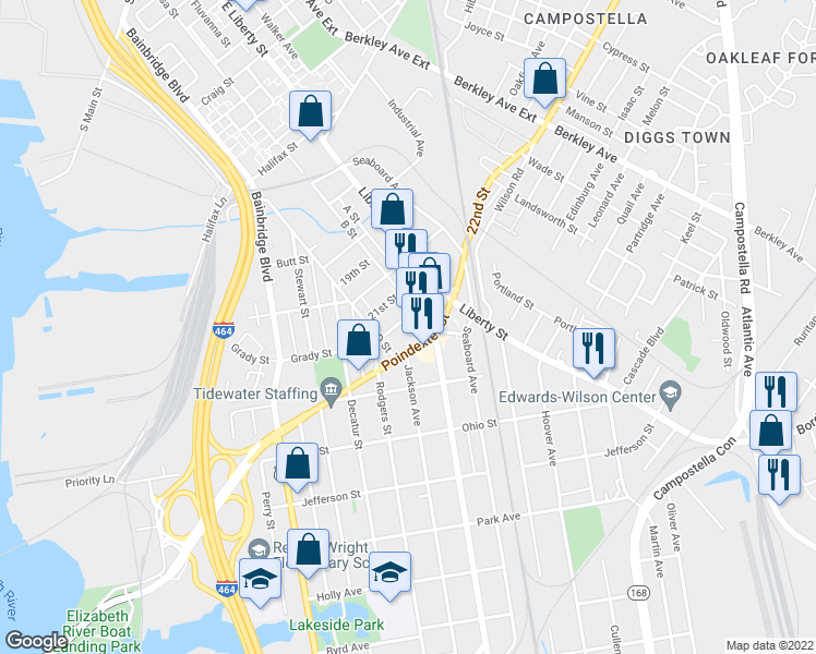 map of restaurants, bars, coffee shops, grocery stores, and more near 1325 Poindexter Street in Chesapeake
