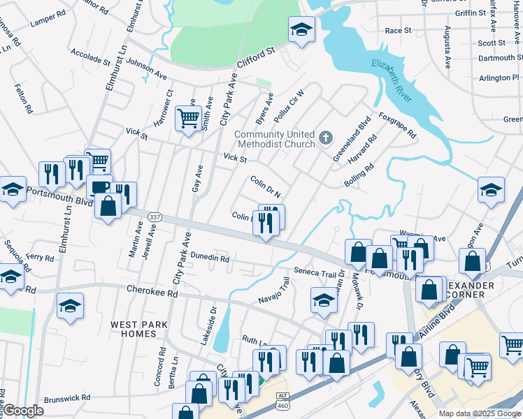 map of restaurants, bars, coffee shops, grocery stores, and more near 12 Colin Drive South in Portsmouth