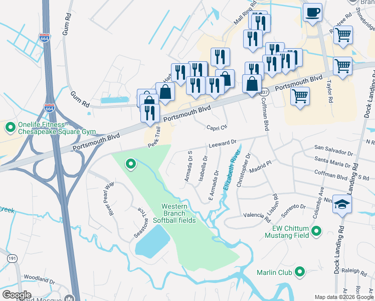 map of restaurants, bars, coffee shops, grocery stores, and more near 4621 Leeward Drive in Chesapeake