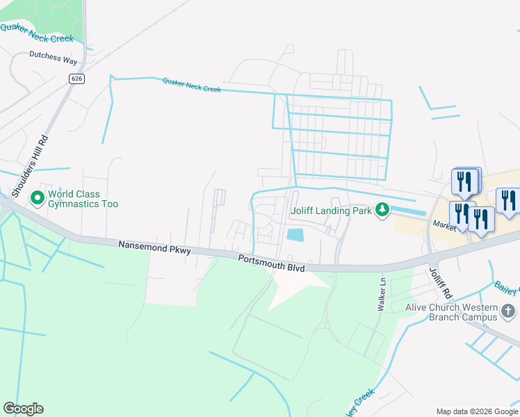 map of restaurants, bars, coffee shops, grocery stores, and more near 5125 Delancey Street in Chesapeake