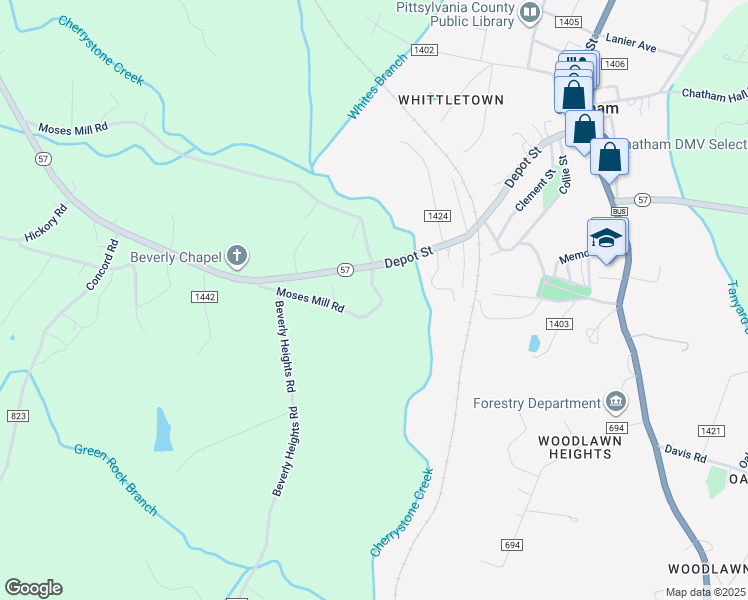 map of restaurants, bars, coffee shops, grocery stores, and more near 421 Moses Mill Road in Chatham