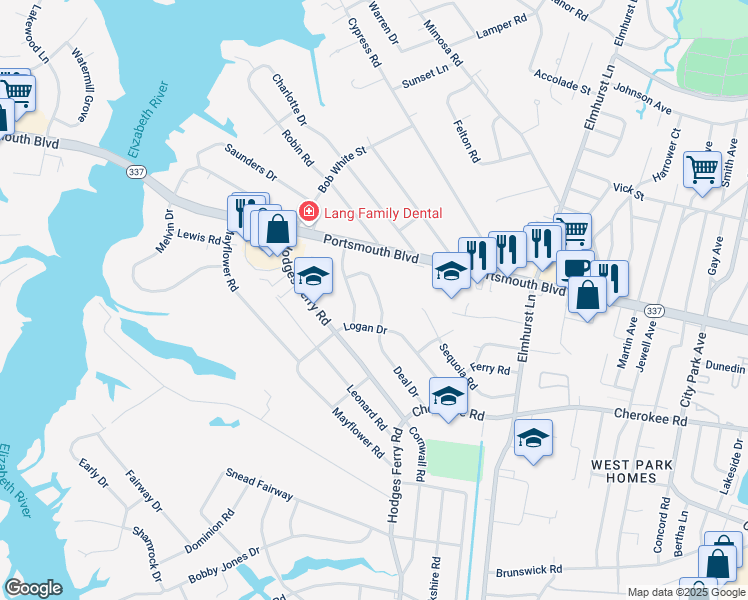 map of restaurants, bars, coffee shops, grocery stores, and more near 216 Deal Drive in Portsmouth