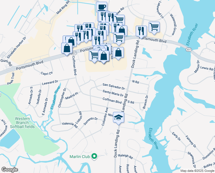 map of restaurants, bars, coffee shops, grocery stores, and more near 4105 San Salvador Dr in Chesapeake