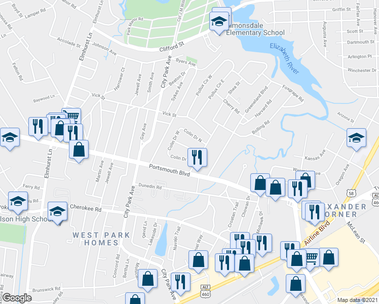 map of restaurants, bars, coffee shops, grocery stores, and more near 12 Colin Drive South in Portsmouth