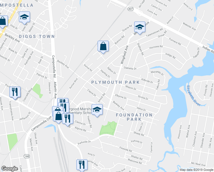 map of restaurants, bars, coffee shops, grocery stores, and more near 606 Amick Road in Chesapeake