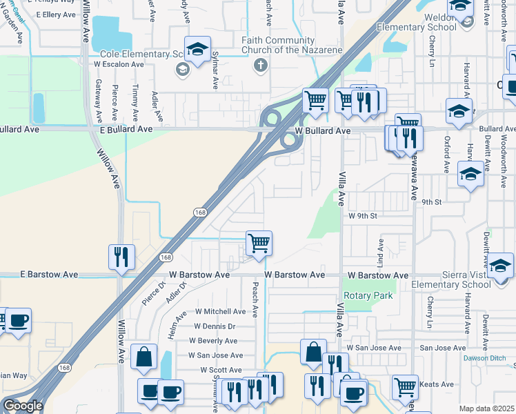 map of restaurants, bars, coffee shops, grocery stores, and more near 1001 Sylmar Avenue in Clovis