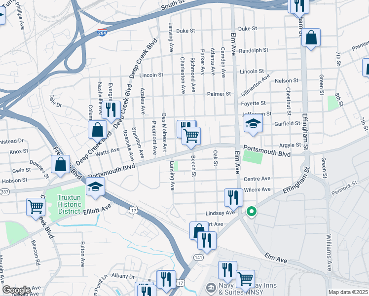 map of restaurants, bars, coffee shops, grocery stores, and more near 1514 Portsmouth Boulevard in Portsmouth