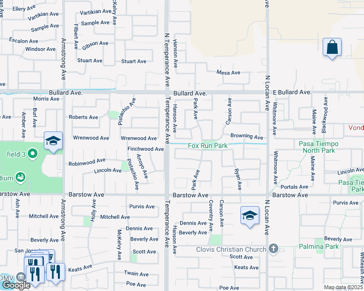 map of restaurants, bars, coffee shops, grocery stores, and more near 2631 Wrenwood Avenue in Clovis