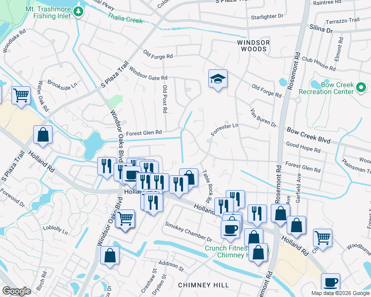 map of restaurants, bars, coffee shops, grocery stores, and more near 609 Fox Hollow Lane in Virginia Beach