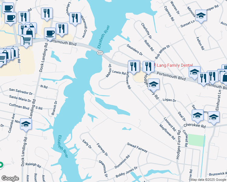 map of restaurants, bars, coffee shops, grocery stores, and more near 1156 Melvin Drive in Portsmouth