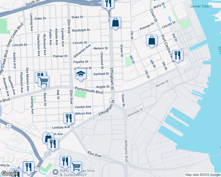 map of restaurants, bars, coffee shops, grocery stores, and more near 2608 Effingham Street in Portsmouth