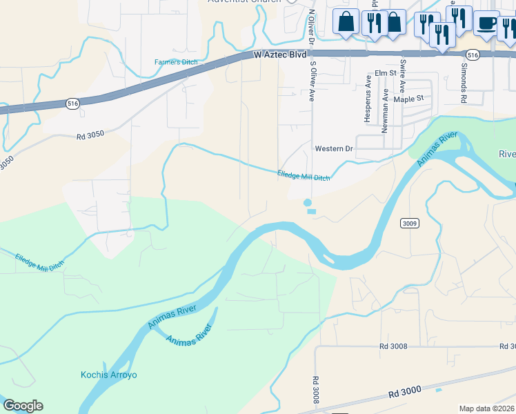 map of restaurants, bars, coffee shops, grocery stores, and more near 2020 Crystal River Trail in Aztec