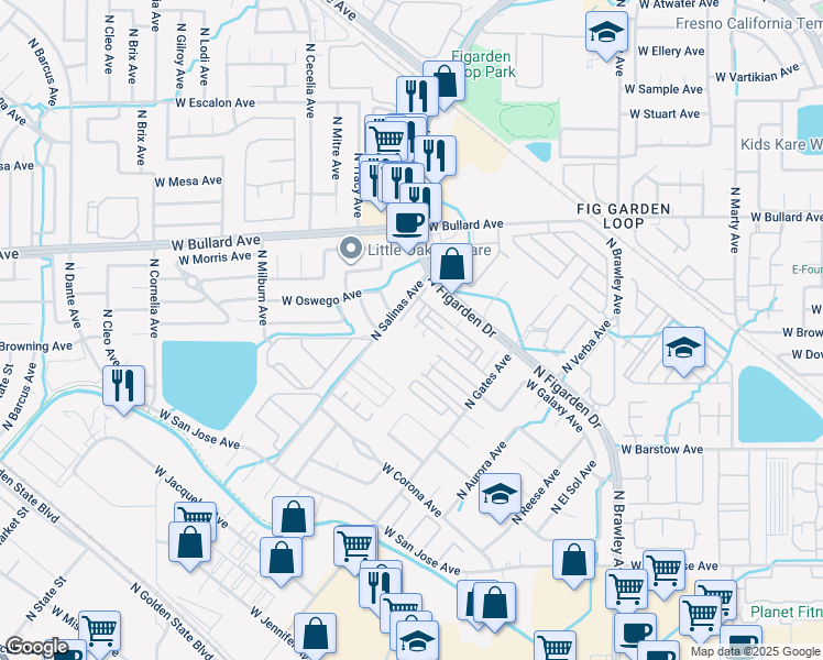 map of restaurants, bars, coffee shops, grocery stores, and more near 4445 West Pinsapo Drive in Fresno