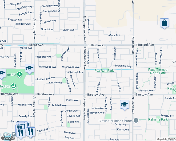 map of restaurants, bars, coffee shops, grocery stores, and more near 2631 Wrenwood Avenue in Clovis