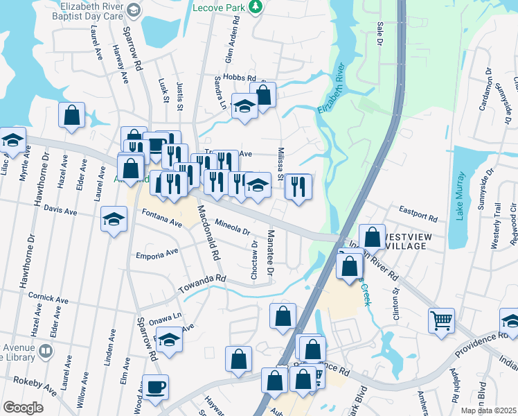 map of restaurants, bars, coffee shops, grocery stores, and more near 6620 Indian River Road in Virginia Beach
