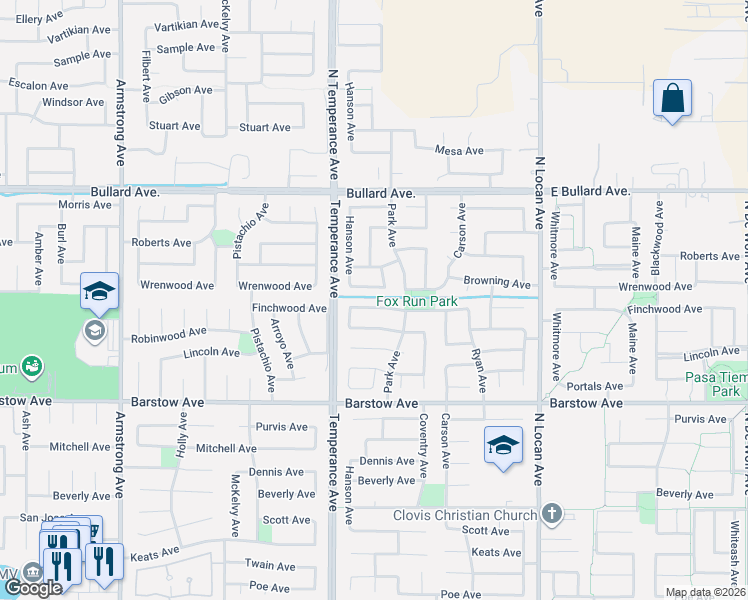 map of restaurants, bars, coffee shops, grocery stores, and more near 2631 Wrenwood Avenue in Clovis