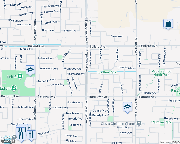 map of restaurants, bars, coffee shops, grocery stores, and more near 2631 Wrenwood Avenue in Clovis