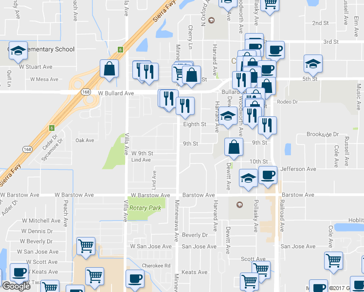 map of restaurants, bars, coffee shops, grocery stores, and more near in Clovis