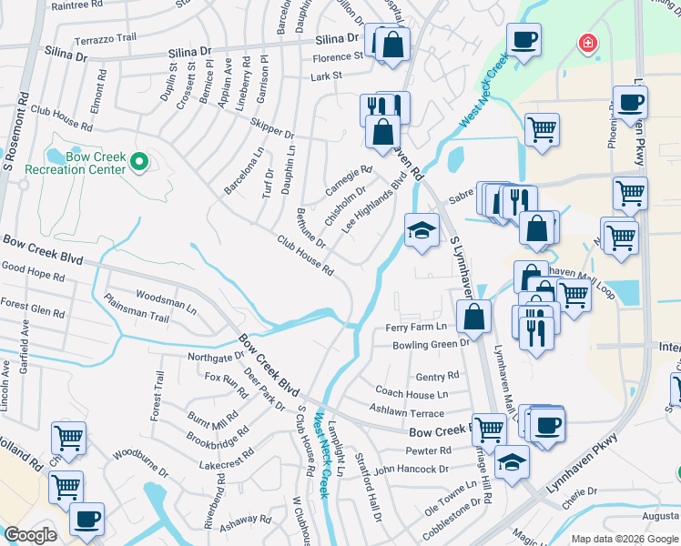 map of restaurants, bars, coffee shops, grocery stores, and more near 3209 Club House Road in Virginia Beach