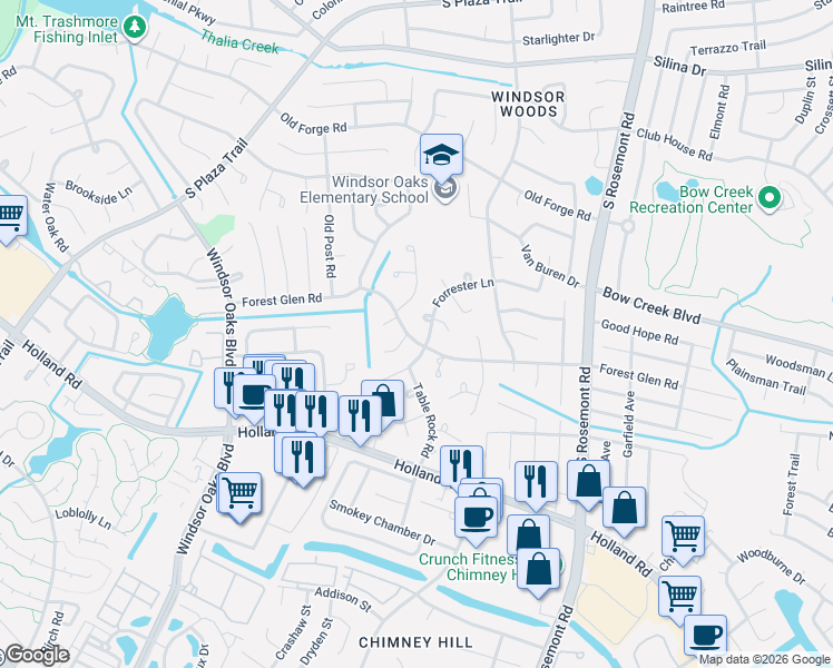 map of restaurants, bars, coffee shops, grocery stores, and more near 3800 Forest Glen Road in Virginia Beach