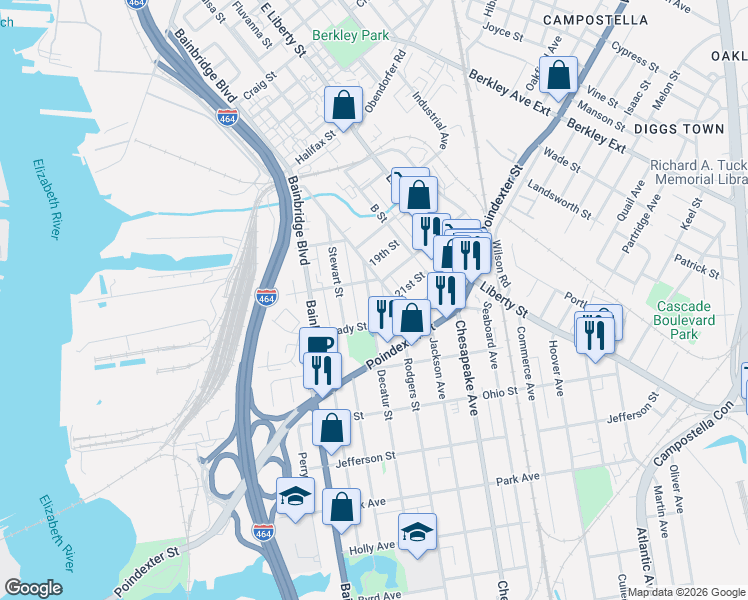 map of restaurants, bars, coffee shops, grocery stores, and more near 922 Decatur Street in Chesapeake