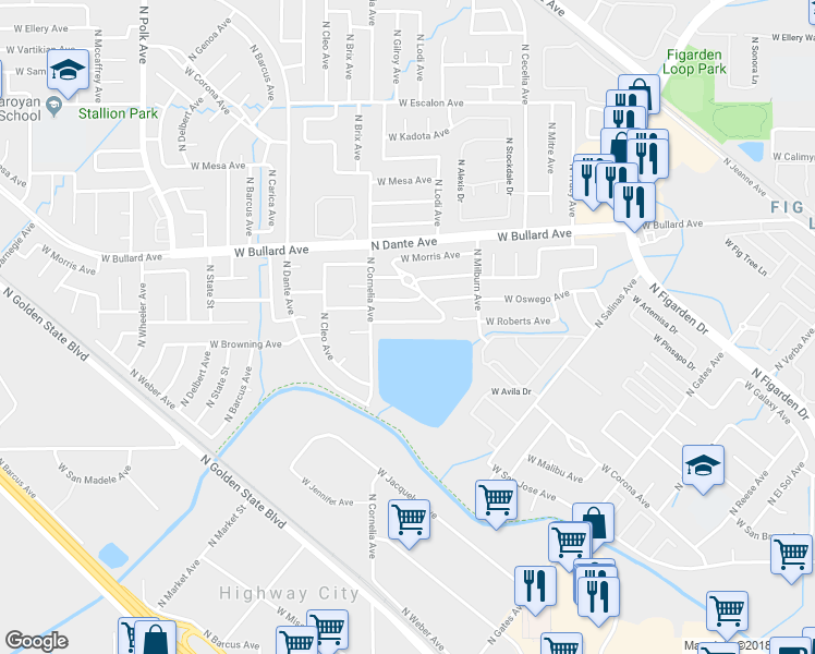 map of restaurants, bars, coffee shops, grocery stores, and more near 4763 West Roberts Avenue in Fresno