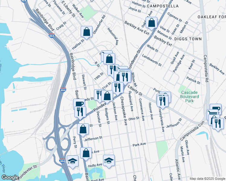 map of restaurants, bars, coffee shops, grocery stores, and more near 1324 22nd Street in Chesapeake