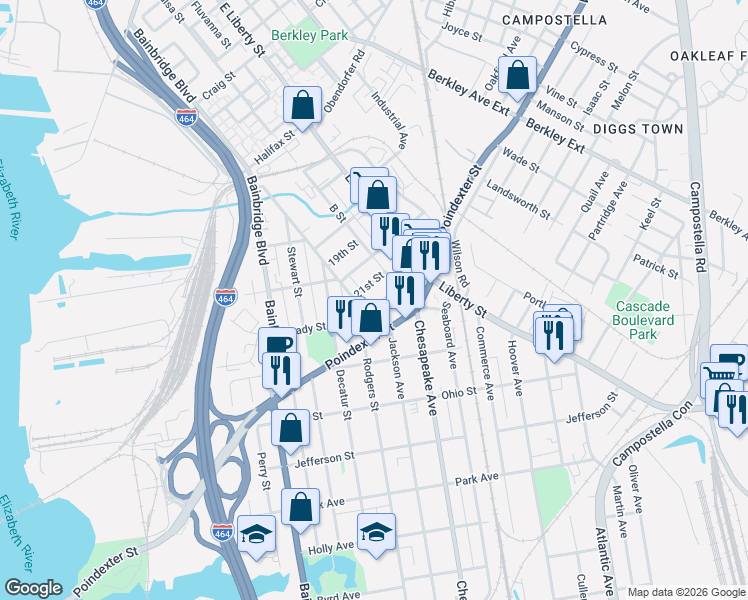 map of restaurants, bars, coffee shops, grocery stores, and more near 809 D Street in Chesapeake