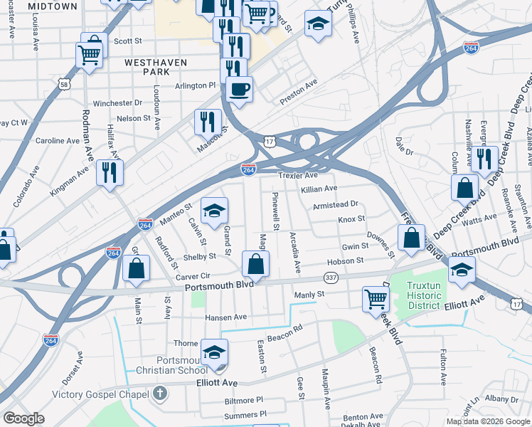 map of restaurants, bars, coffee shops, grocery stores, and more near 2713 Magnolia Street in Portsmouth