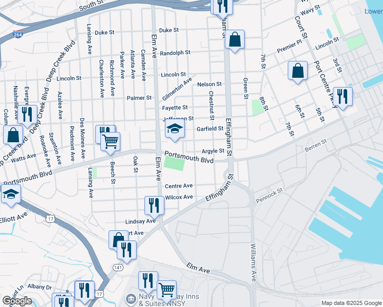 map of restaurants, bars, coffee shops, grocery stores, and more near 2606 Peach Street in Portsmouth