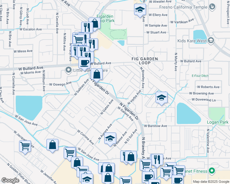 map of restaurants, bars, coffee shops, grocery stores, and more near 5605 North Gates Avenue in Fresno