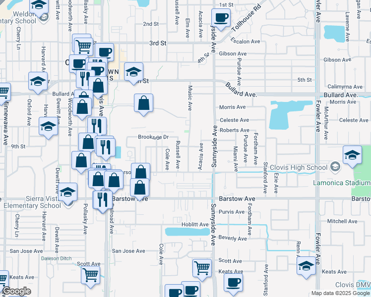 map of restaurants, bars, coffee shops, grocery stores, and more near 902 Music Avenue in Clovis