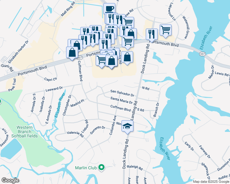 map of restaurants, bars, coffee shops, grocery stores, and more near 4105 San Salvador Dr in Chesapeake