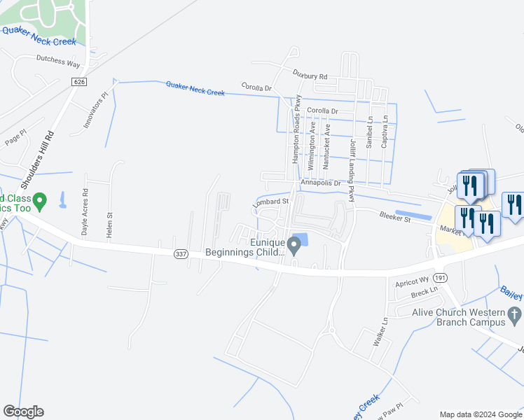 map of restaurants, bars, coffee shops, grocery stores, and more near 5127 Delancey Street in Chesapeake