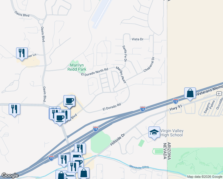 map of restaurants, bars, coffee shops, grocery stores, and more near 656 Mountain Ridge Street in Mesquite