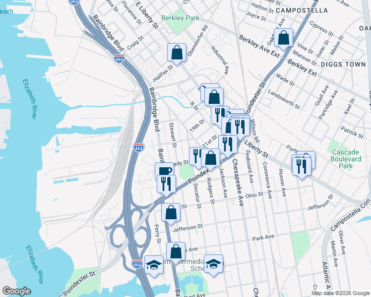 map of restaurants, bars, coffee shops, grocery stores, and more near 922 Decatur Street in Chesapeake