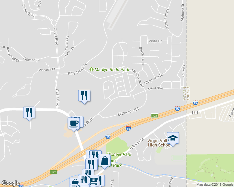 map of restaurants, bars, coffee shops, grocery stores, and more near 659 Mesa View Street in Mesquite
