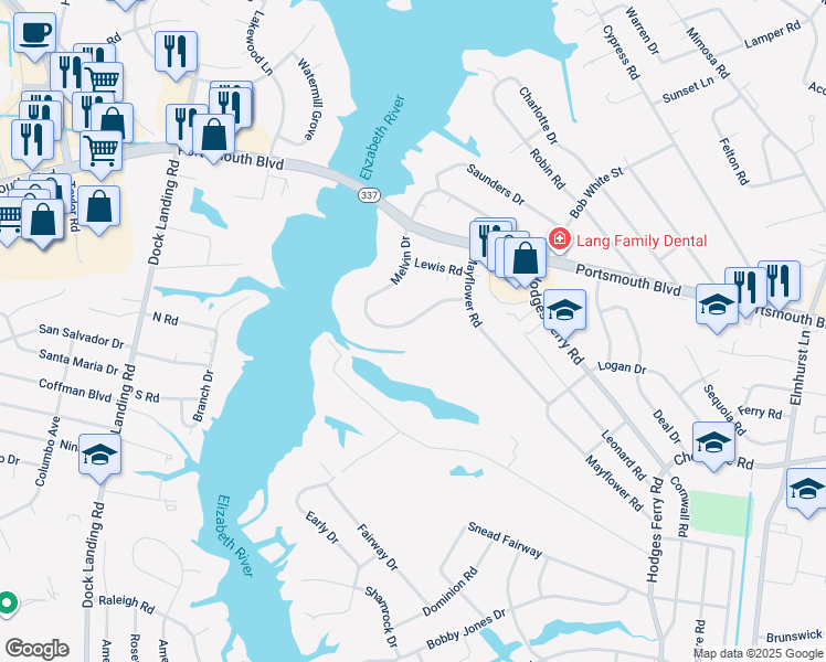 map of restaurants, bars, coffee shops, grocery stores, and more near 1156 Melvin Drive in Portsmouth