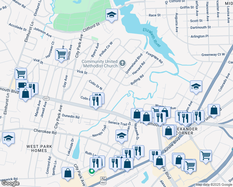 map of restaurants, bars, coffee shops, grocery stores, and more near 13 Greeneland Boulevard in Portsmouth