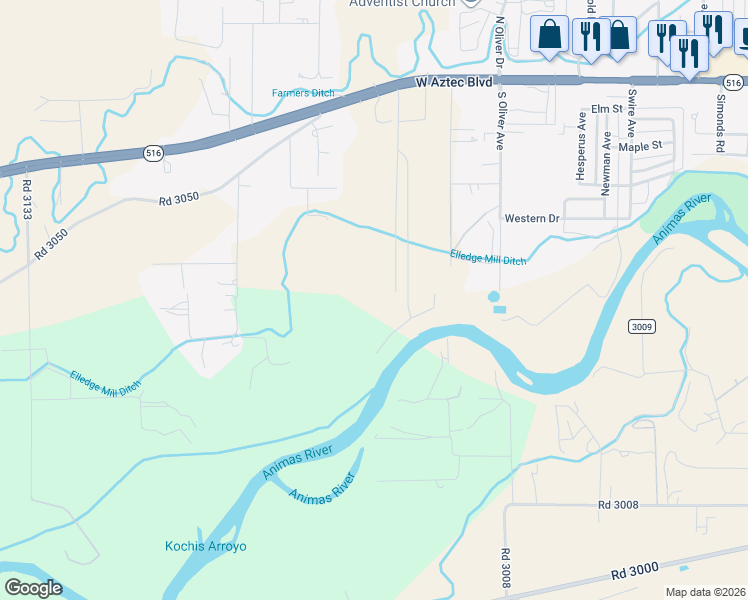 map of restaurants, bars, coffee shops, grocery stores, and more near 2020 Crystal River Trail in Aztec